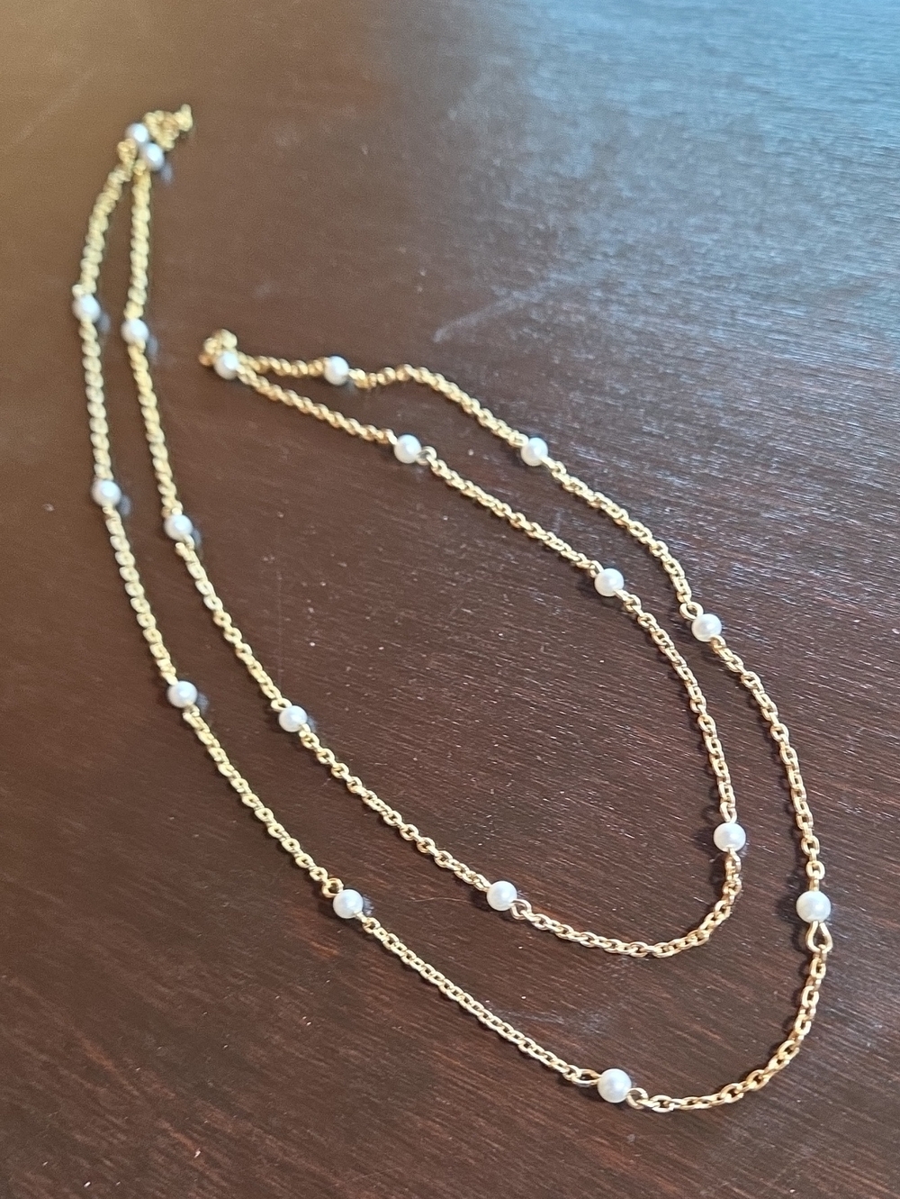 Gold Chain Necklace with White Glass Pearl Beads - Picture 3 of 3